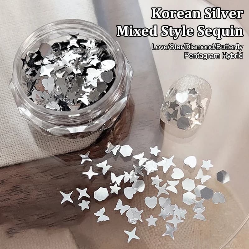 1 jar of sequins silver shiny mixed shapes Starlight Love Butterfly Star Slice stickers for nail art decalcomanie manicure sequin charms