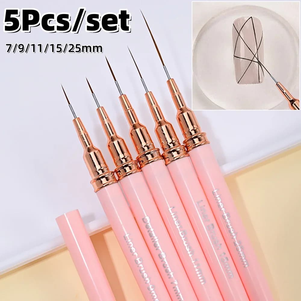 Set di 5 Pennelli Professionali per Nail Art con Cappuccio, per Linee Allungate, Strisce, Disegno, Gel UV, Strumenti per Manicure e Pittura
