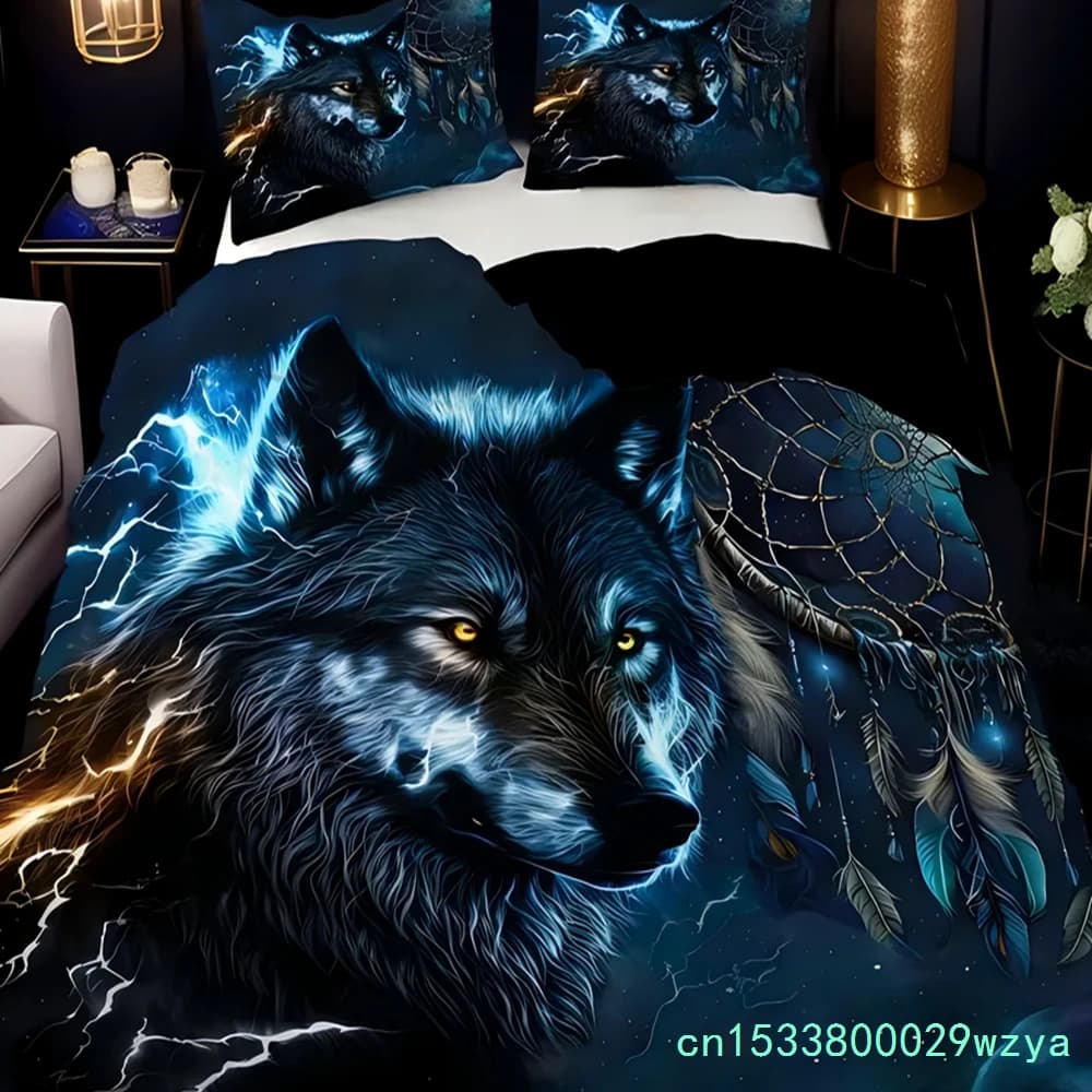 Wolf Dreamcatcher 3D Printed Cartoon Anime Wolf Duvet Comforter Polyester Soft Comfortable Dormitory Bedroom Bedding Sheets Set
