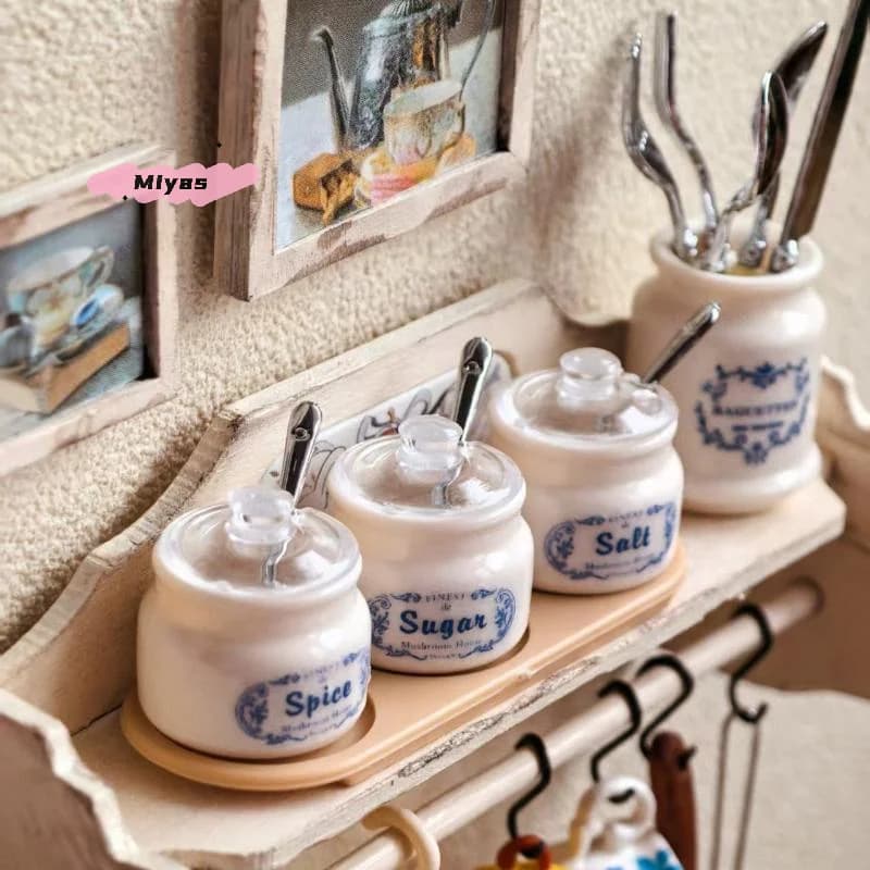 3Pcs Miniature Dollhouse Kitchen Spice Containers 1/6 Scale Food And Condiment Jars with Spoon And Stickers for Girls Gift