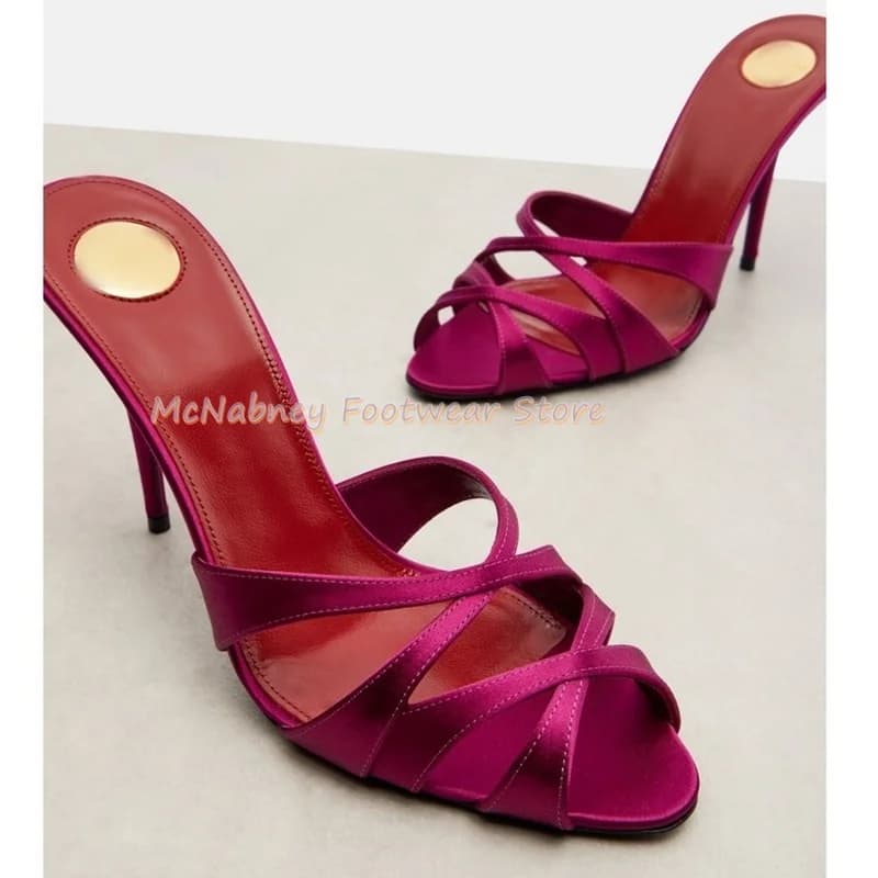 Tacchi a spillo a punta in tessuto di raso con fascia incrociata Scarpe da donna stile romano Claret Pantofole da donna di lusso fatte a mano Sandali estivi