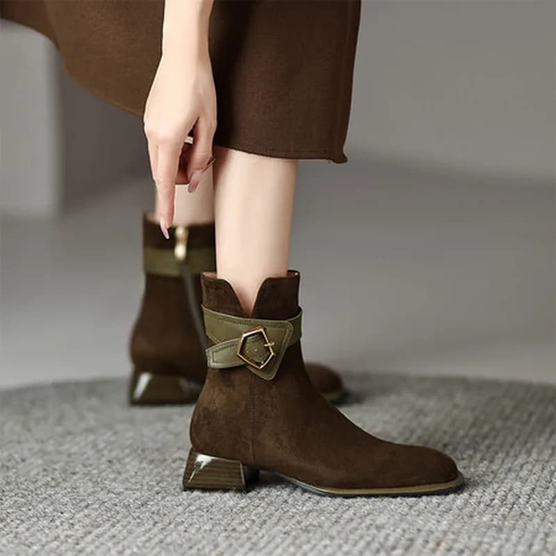 Women Block Buckle Strap Ankle Boots Square Toe Chunky Heel Leather Fabric Spliced Pigskin High Quality Boots Genuine Leather436