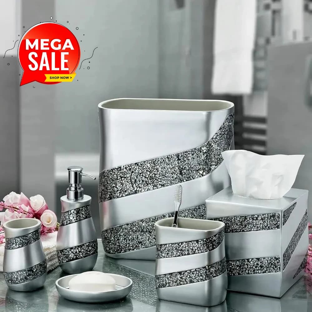 Set di 6 Accessori da Bagno in Argento: Cestino, Porta Carta Igienica, Dispenser Sapone, Porta Spazzolino, Bicchiere e Portasapone
