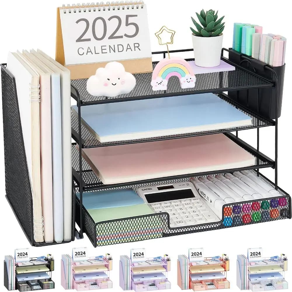 Organizer da Scrivania a 4 Livelli con Cassetti e 2 Contenitori - Accessori per Ufficio Neri