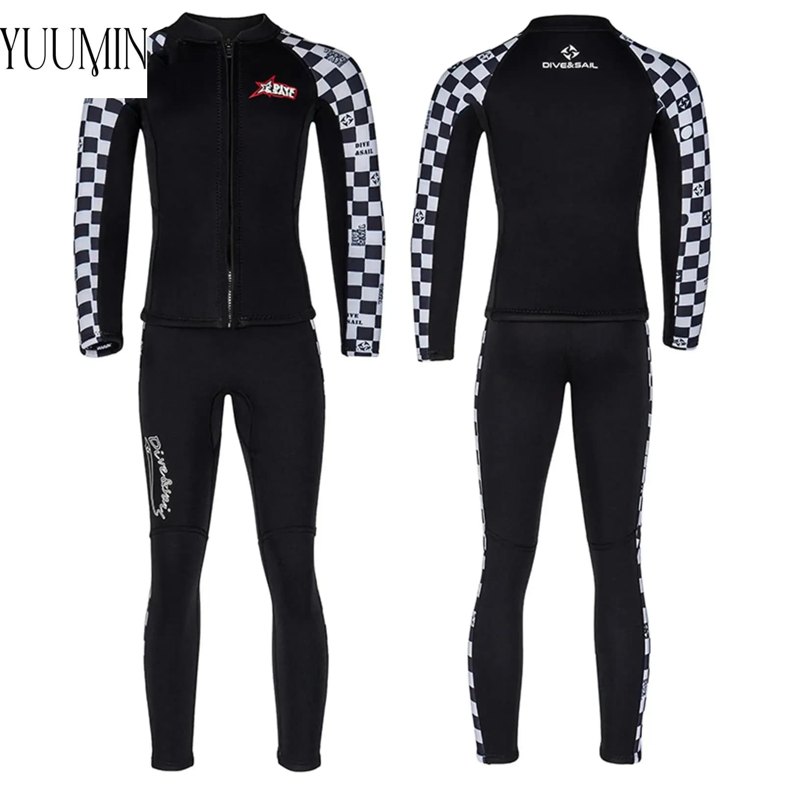 Muta in neoprene da 2,5 mm per ragazzi e ragazze, con giacca a maniche lunghe con zip e pantaloni, termica ed elasticizzata, color block, per surf, snorkeling e nuoto