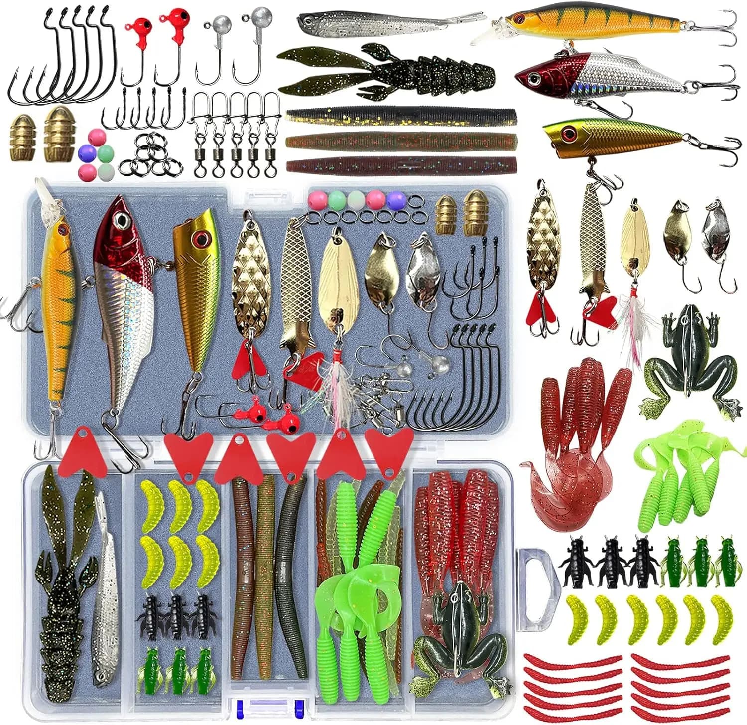 Kit Completo di Esche da Pesca con Scatola Porta Attrezzi - Crankbait, Spinnerbait, Verme Morbidi e Jig per Bass e Trota