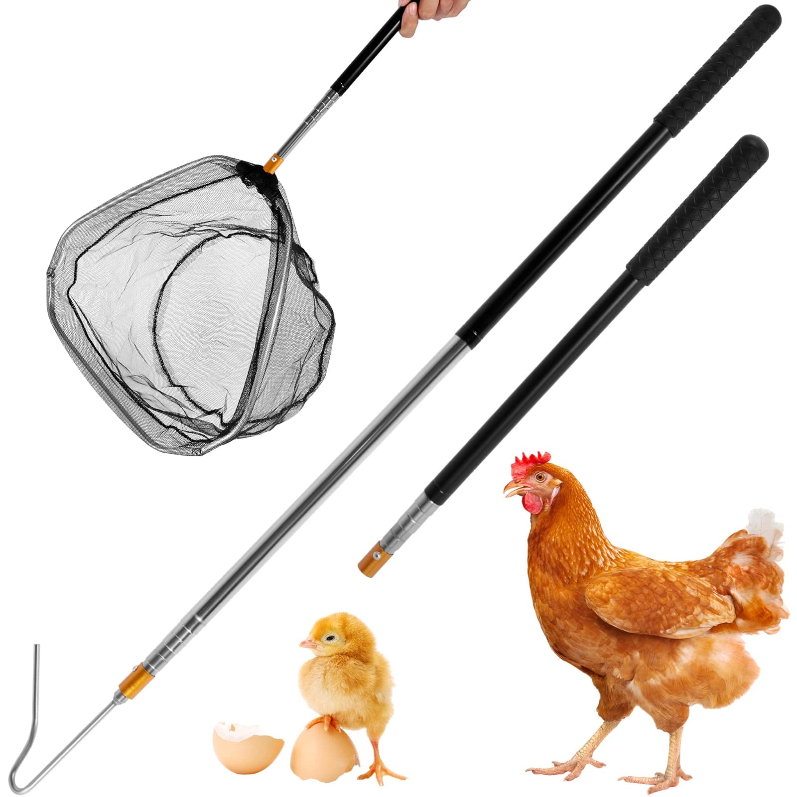 Gancio per gamba per raccoglitore di pollo aggiornato e rete per pollo raccoglitore di pollo lungo retrattile in acciaio inossidabile per pesci di pollame all'aperto