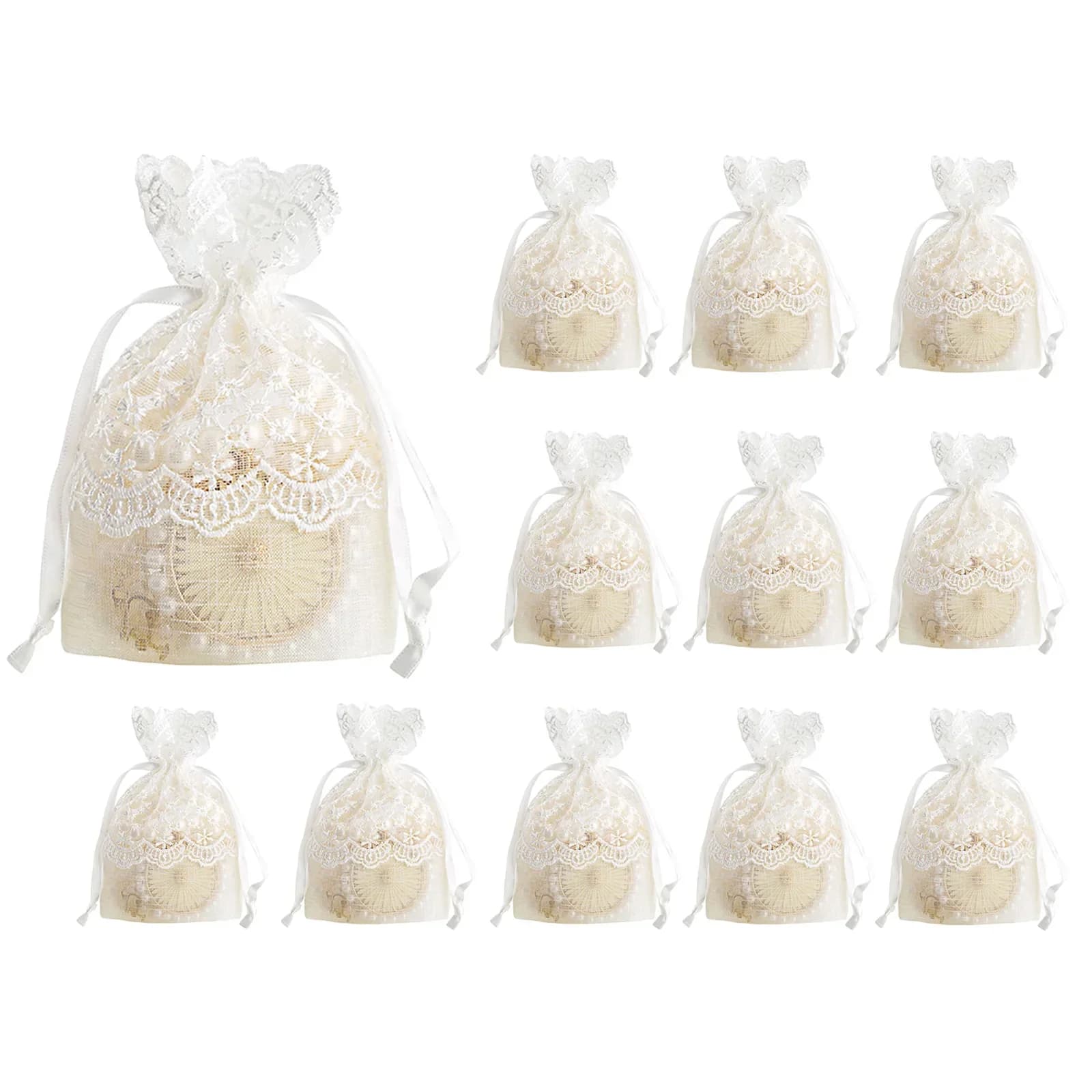 Starry Lace Gift Bag Party Wedding Christmas Jewelry 12pcs White Slub Yarn Organza Bags Crafts Candles Sachets Drawstring Bag