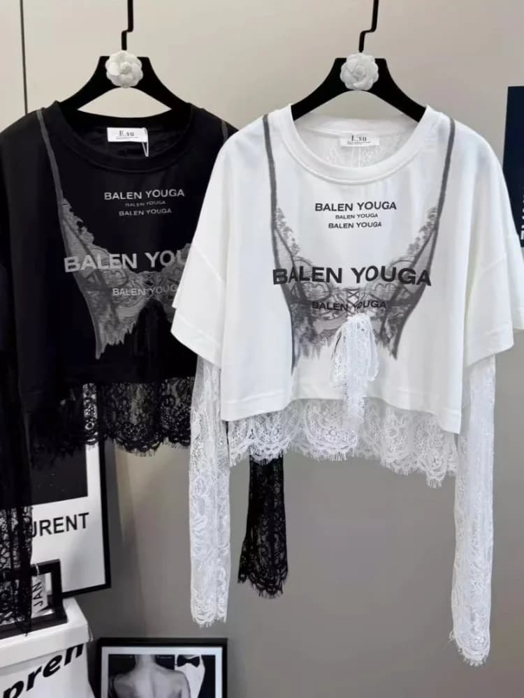 Camicie pullover in due pezzi finte in pizzo sexy T-shirt con motivo a corsetto T-shirt grafiche punk gotico allentato Y2K Crop Top giovani donne dolci casual