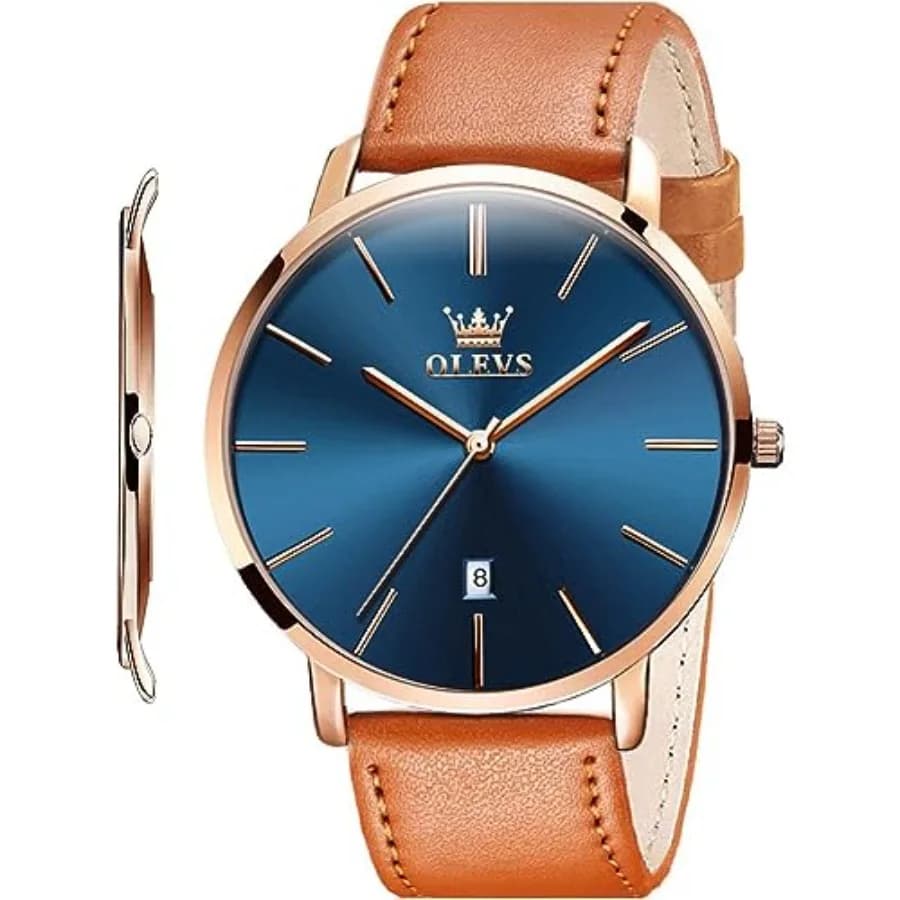 OLEVS Men Leather Watches Black Ultra Thin 6.5mm Minimalist Dress Fashion Simple Casual Waterproof Date Watch for Men
