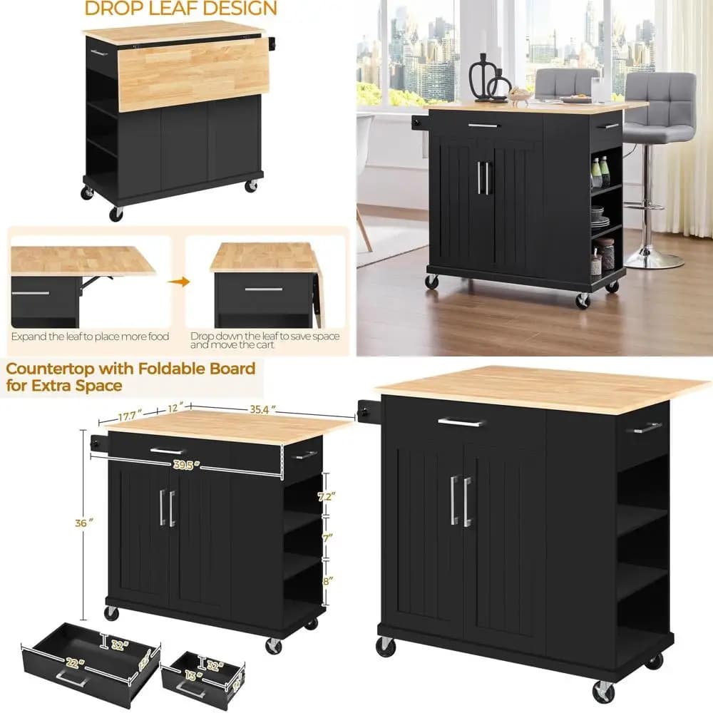 Carrello da Cucina Portatile con Piano Ribaltabile, Armadietto, Ripiani, Portasciugamani Rimovibile, 2 Cassetti, Nero