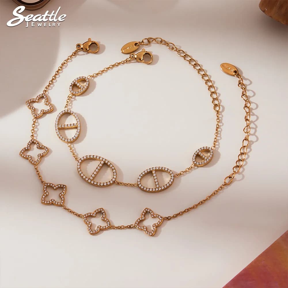 Bracciale con ciondolo fiore traforato con zirconi scintillanti Bracciale da donna in acciaio inossidabile 316 placcato oro Gioielli di lusso Femme