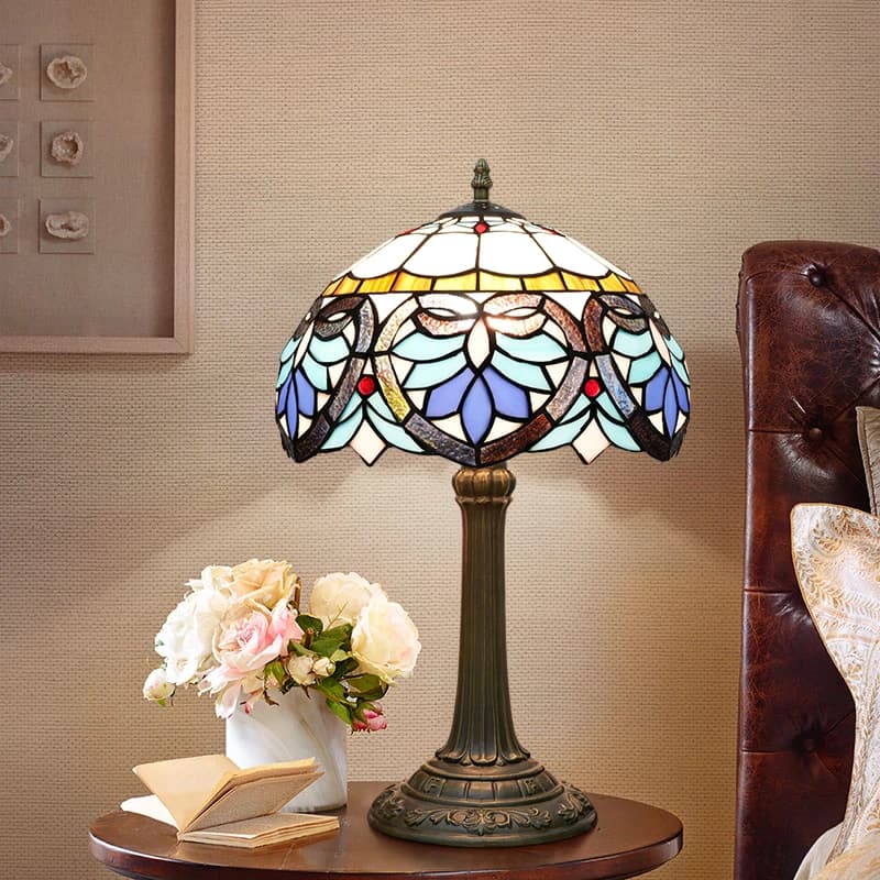 Lampada da Tavolo Barocca Blu in Stile Vittoriano, Luce da Scrivania in Vetro Colorato, Lampada da Comodino 12 Pollici per Camera da Letto, Soggiorno, Ufficio