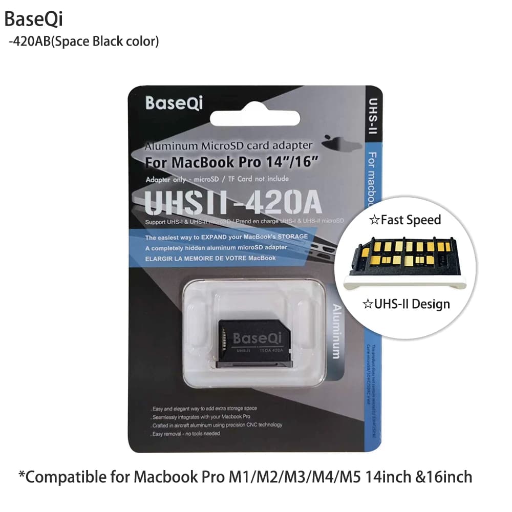 Adattatore per schede Micro SD BaseQi in alluminio per MacBook Pro 14 pollici 16 pollici M1/M2/M3/M4/M5 Space Black, lettore di schede Mini Drive 420AB