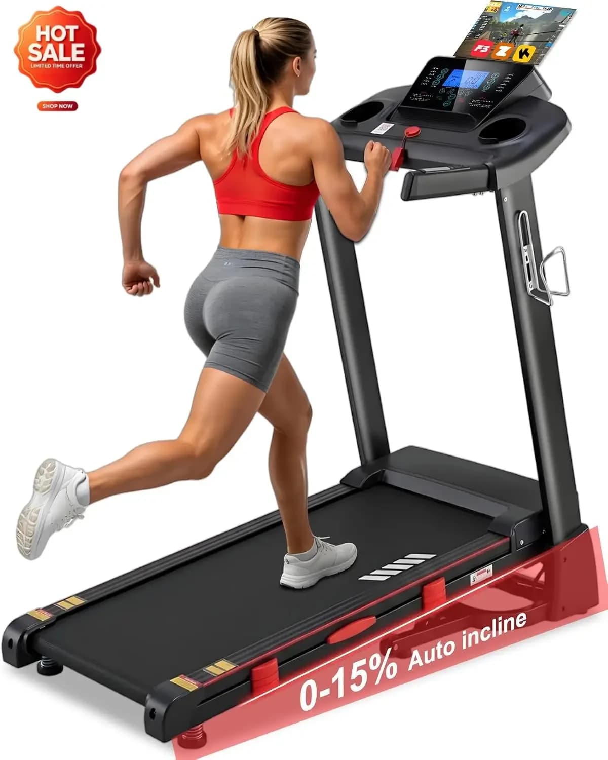 Treadmill with Incline,15-Level Auto Incline, 18" Wide Belt, 350lb Capacity, 3HP, 0.5-10 MPH, 36 Programs Running Treadmills