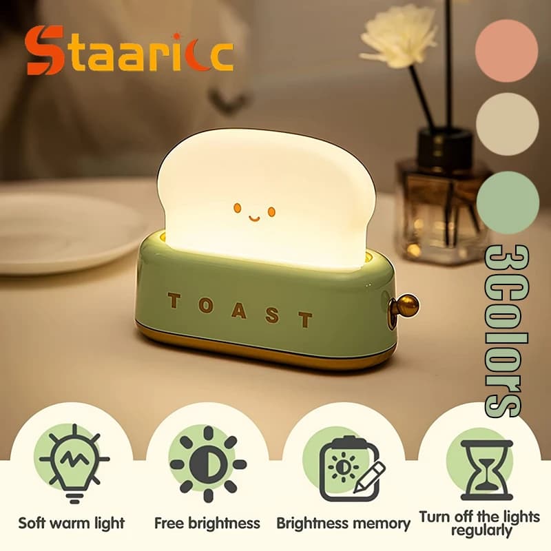 Lampada Notturna Ricaricabile a Forma di Toast - Luce da Comodino con Faccina Sorridente, Dimmerabile, Decorazione per Scrivania, Camera da Letto, Soggiorno, Regalo