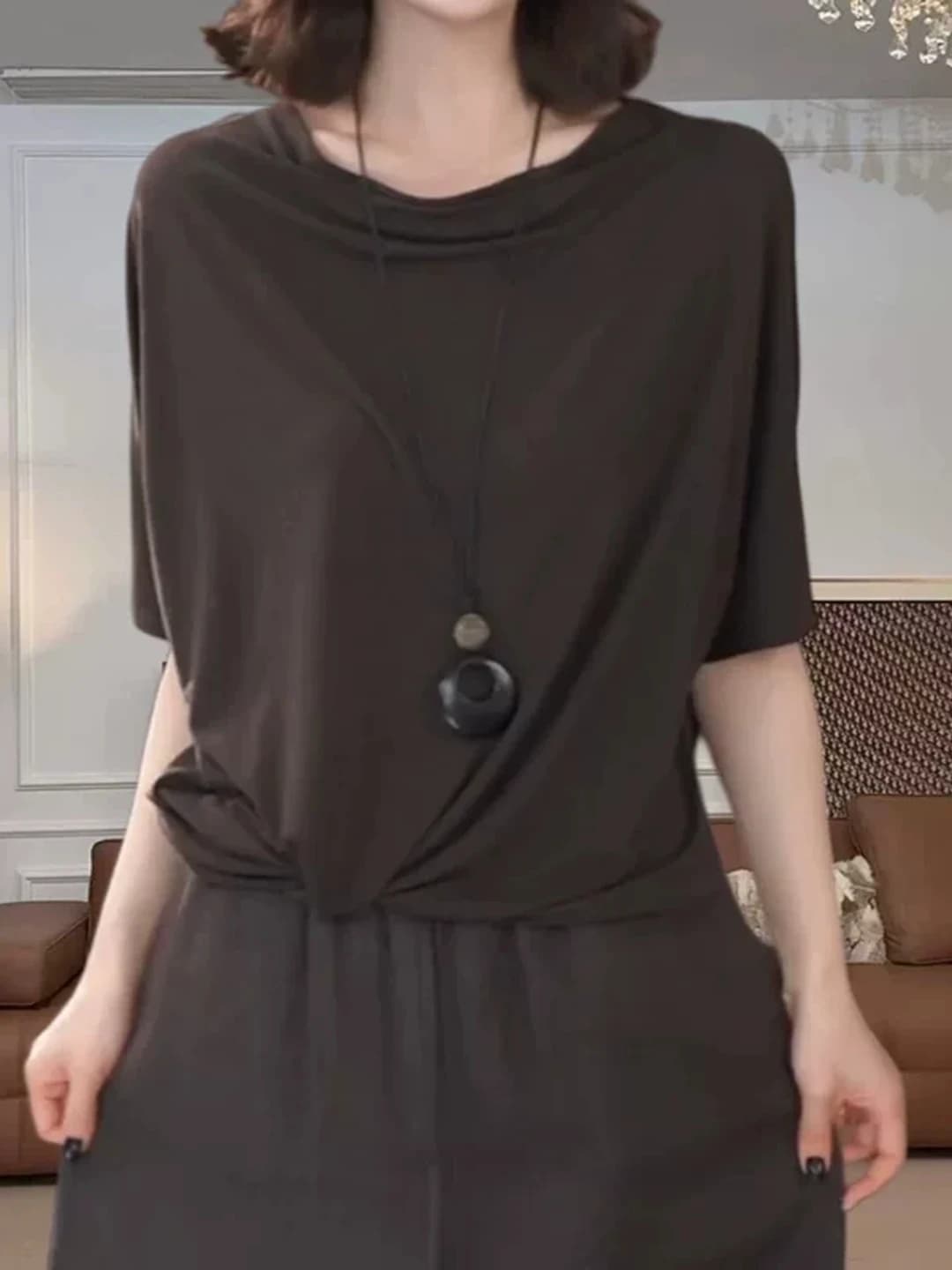 Loose Fit Lazy Style Brown Neck Twist Short Sleeve T-Shirt Women Summer plus Size Korean Style Cover up Slimming Top