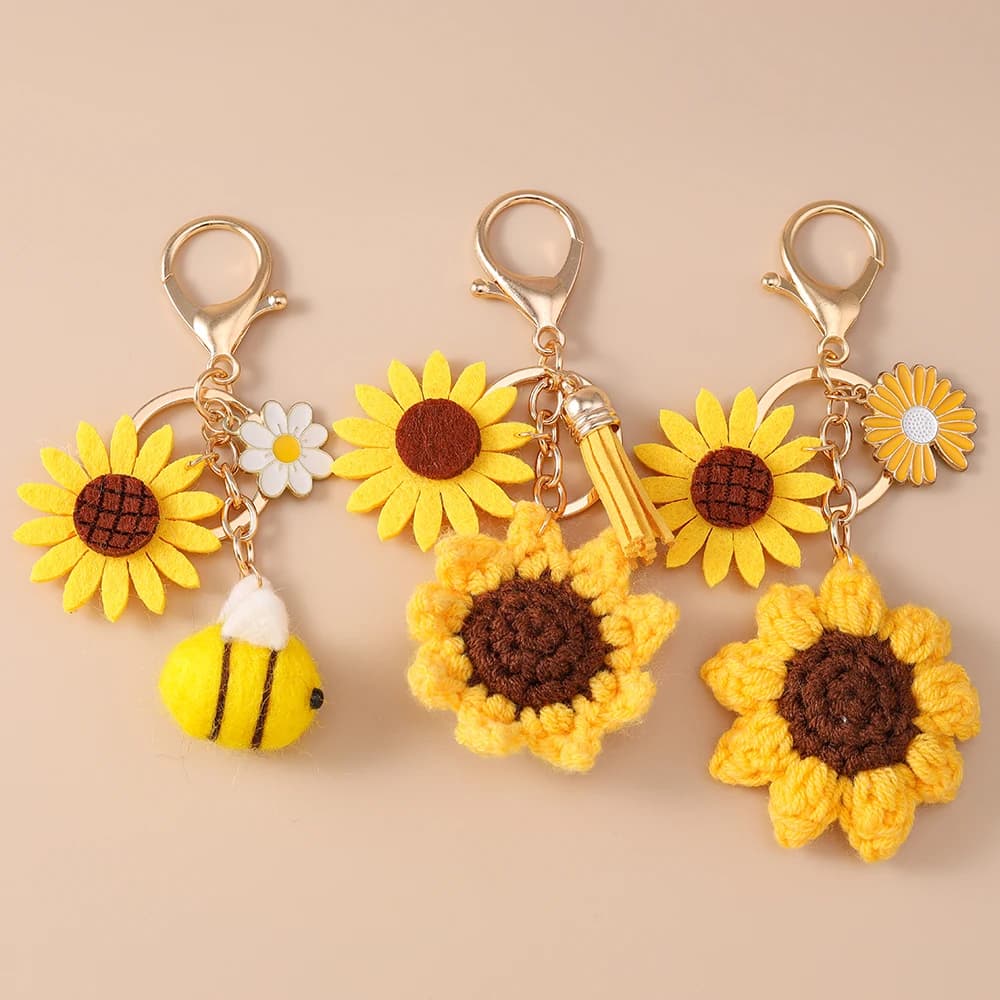 Portachiavi Aihua fatto a mano con girasole lavorato a maglia per donna e ragazza, grazioso portachiavi con fiore e ape all'uncinetto, ciondoli per borsa, gioielli, regali