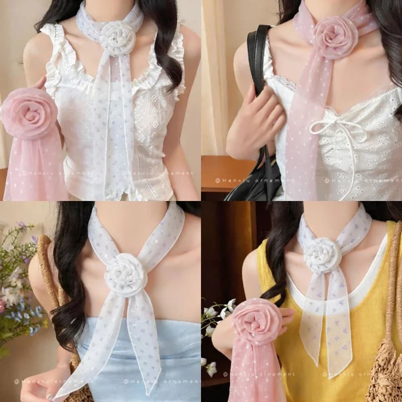 Sweet Japanese Korean Storm Point Flower Silk Scarf Women's Long Strip Ribbon Neck Scarf Spring and Summer Versatile Decorative