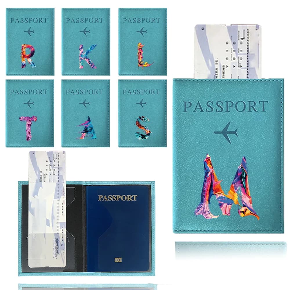 Porta Passaporto Blu Impermeabile, Custodia per Passaporto da Viaggio in Pelle PU, Porta Carte di Credito con Stampa UV Serie Lettere