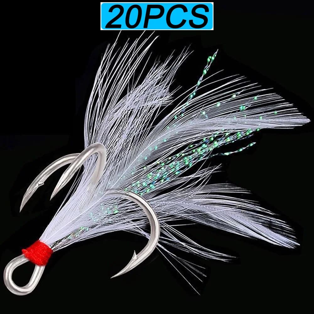 20 ganci tripli con piume 1 # -10 # Set di esche antiruggine con gancio in nichel in acciaio ad alto tenore di carbonio affilato con spinato, attrezzatura da pesca