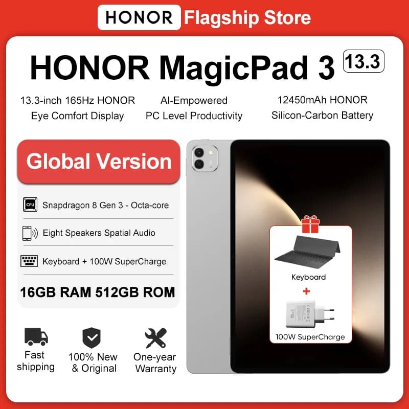 New HONOR MagicPad 3 Tablet Global Version 13.3''' Screen with Eye Protection 165Hz Snapdragon 8 Gen 3 Long Life Battery 12450mAh