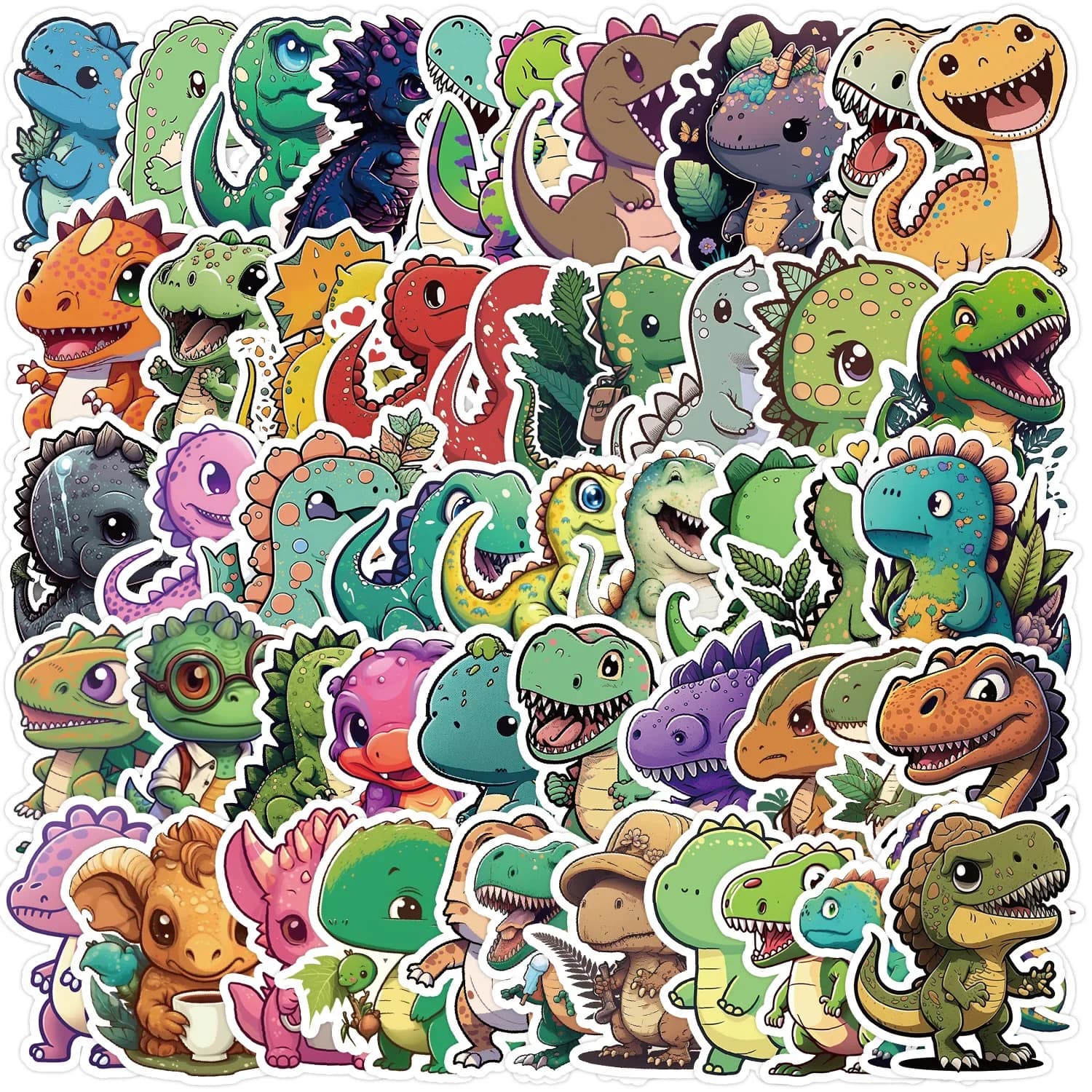 50 Pezzi Adesivi Carini con Dinosauri Cartoon per Bambini, Decorazioni DIY per Laptop, Valigie, Telefoni, Scrapbook, Auto, Impermeabili