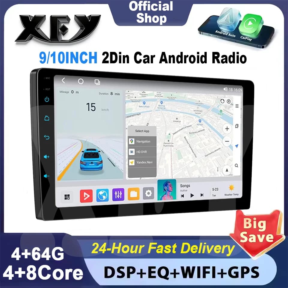 Autoradio Android 14 con CarPlay e Android Auto, GPS, Lettore Multimediale 2 DIN Universale 9/10 Pollici, Stereo Auto con WiFi, Bluetooth e Schermo QLED