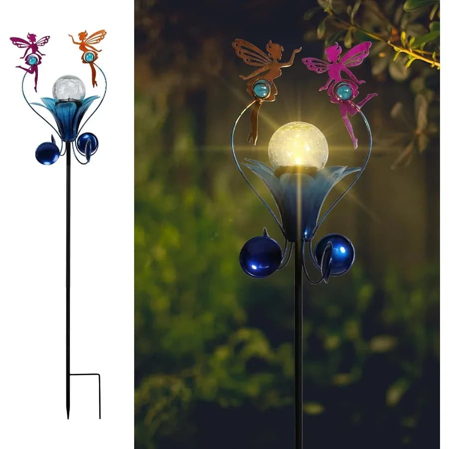 Luci solari Palo da giardino in metallo per esterni Impermeabile Crackle Globo in vetro Decorazioni da giardino Fata per percorso Prato Patio Cortile