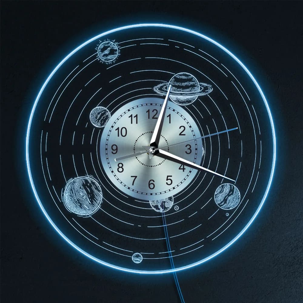 Laser Engraved LED Neon Wall Clock with Solar System for Living Room Planets Orbit Astronomy Luminous Wall Clock Home Decorations