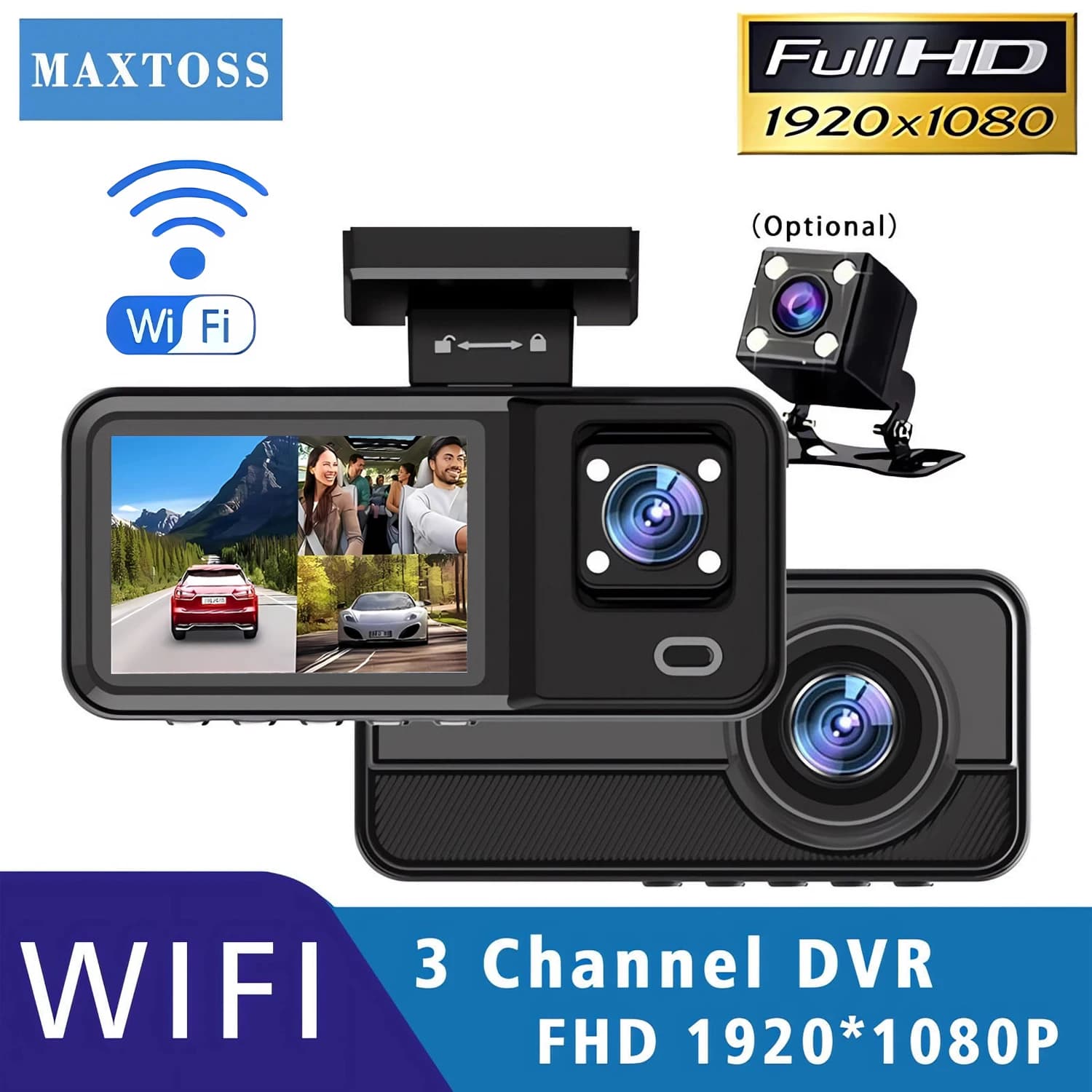 Telecamera DVR per Auto WiFi a 3 Obiettivi HD 1080P, Registratore Video a Tre Canali per Interni Veicolo, Dashcam