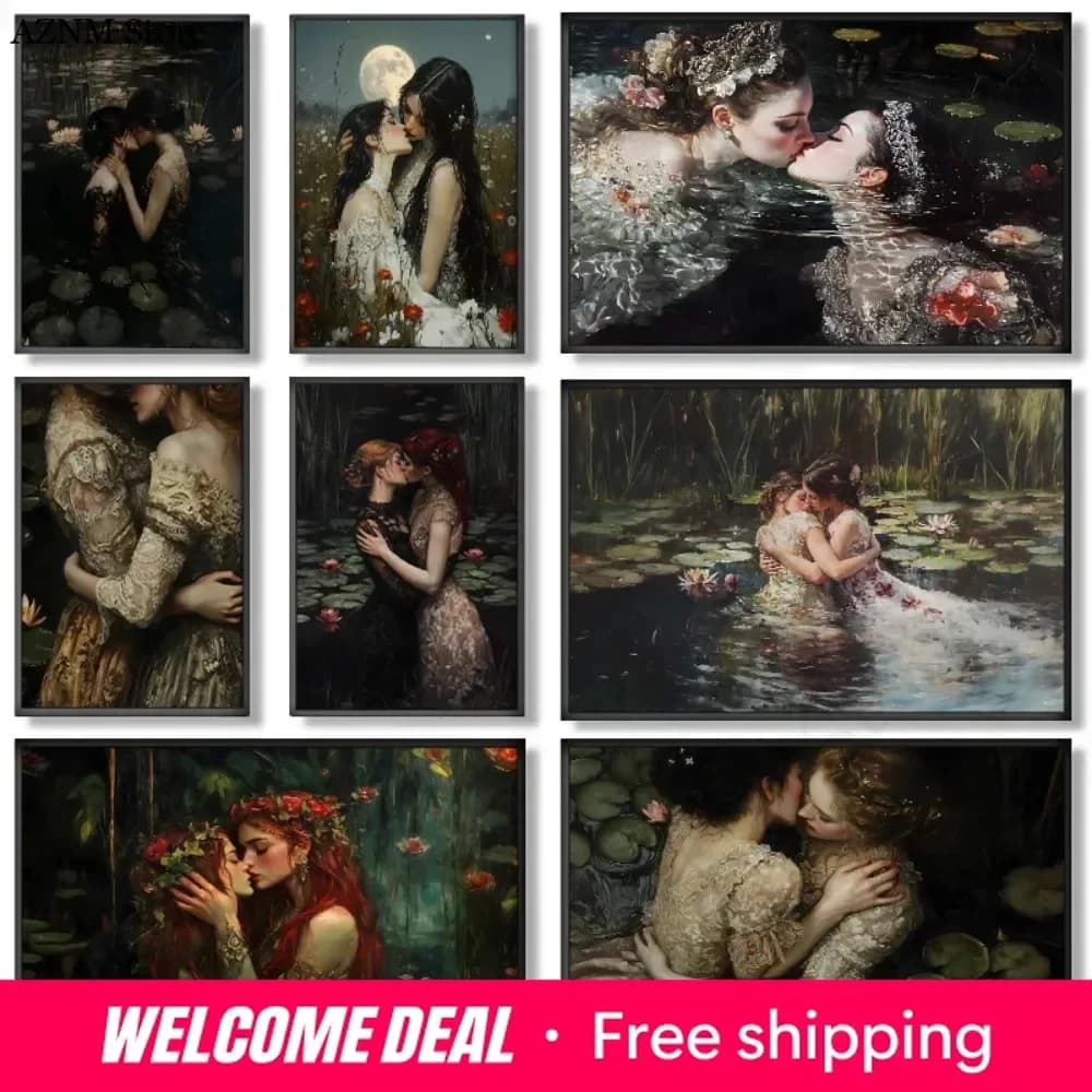 Victorian Lesbian Gothic Poster Goth Moody Girlfriends Love Couple Canvas Painting Aesthetic Wall Art For Room Home Dark Deco