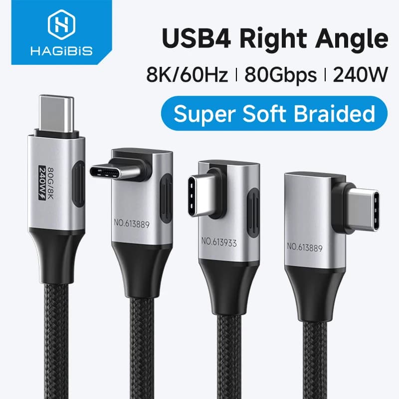 Cavo USB C a USB C ad Angolo Retto Hagibis 240W, Cavo di Ricarica Rapida per Auto Tipo C a 90 Gradi, 80Gbps per Thunderbolt 5 iPhone Macbook