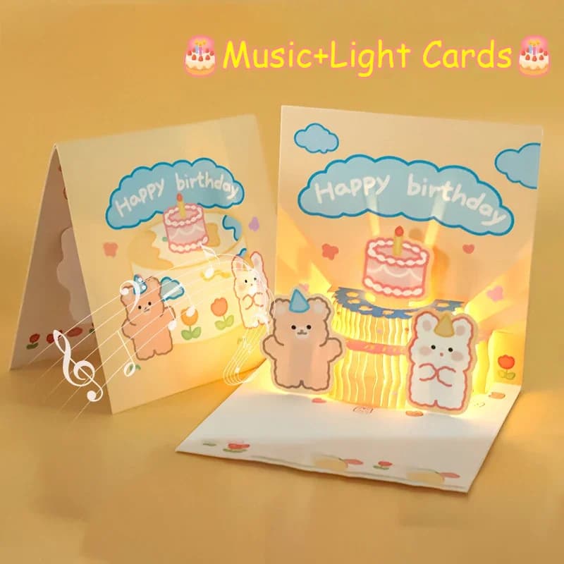 Biglietto di compleanno con musica leggera pop-up 3D Biglietti d'auguri con torta di orsi carini Regali di biglietti di benedizione a sorpresa per feste di buon compleanno