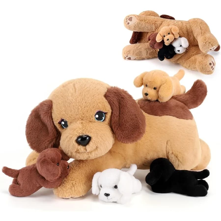 Animali di peluche per cani da 5 pezzi con neonati all'interno della pancia - 1 mamma di cane di peluche con 4 cuccioli di peluche - Morbido peluche rosa e bianco