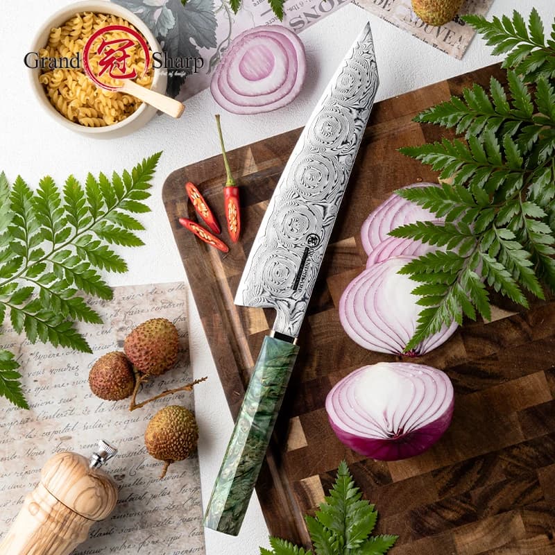 Coltello Grandsharp Kiritsuke da 8 pollici 67 strati Acciaio di Damasco Legno solidificato verde + Manico di rinforzo in rame Taglierina per alimenti per carne da chef