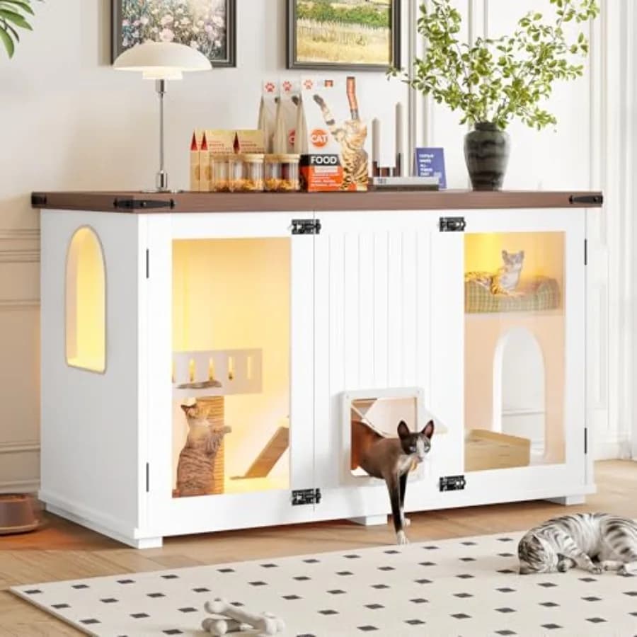 Lettiera per Gatti Grande 47.25 con Luce LED, Scale, Tiragraffi e Lettiera Nascosta - Mobile in Legno per Animali Domestici