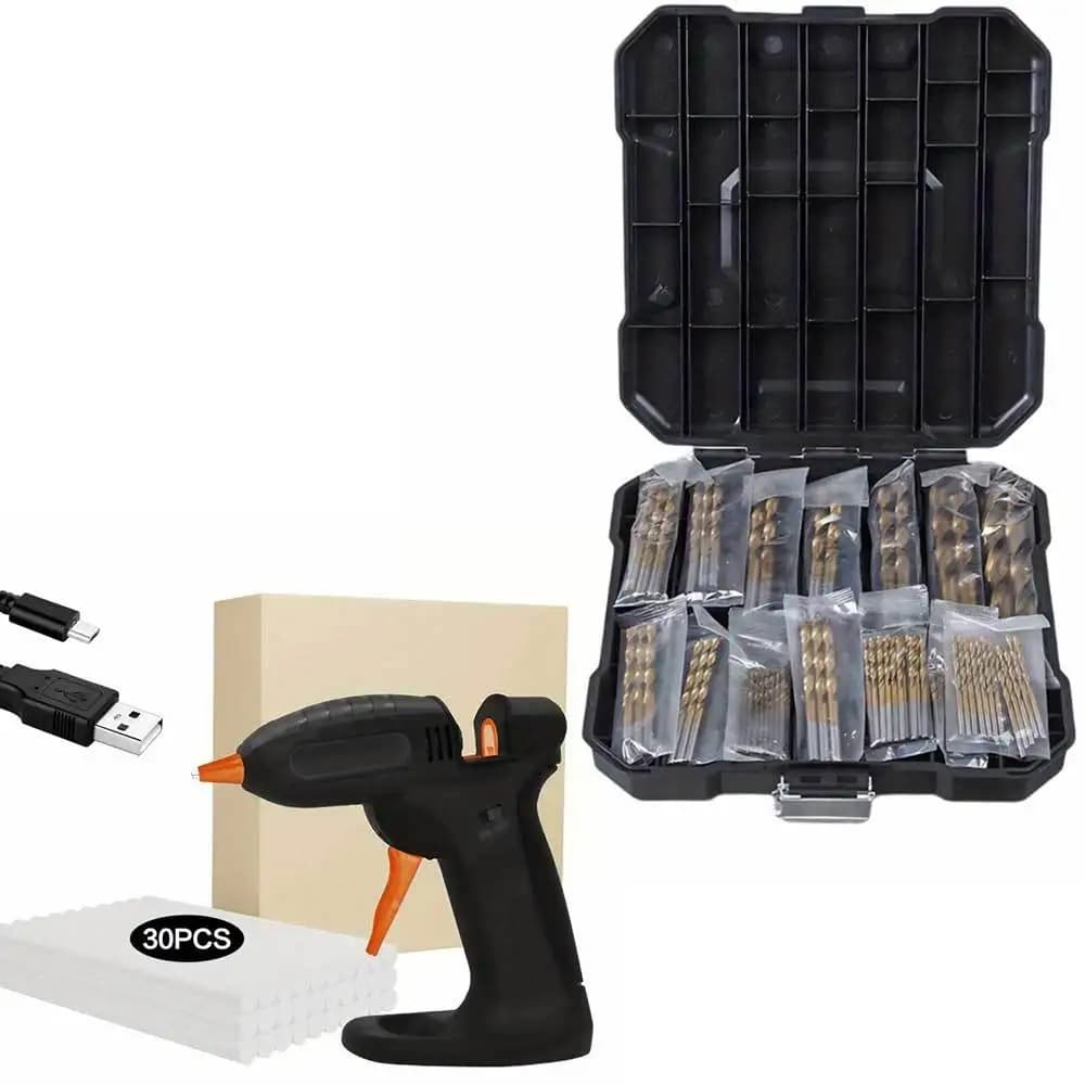 99pcs HSS Titanium Drill Bit Set (1.5-10mm). Paired with Cordless Hot Glue Gun (Fast-Heat, Portable), Perfect for Precision Drilling & Creative DIY Repair Projects.