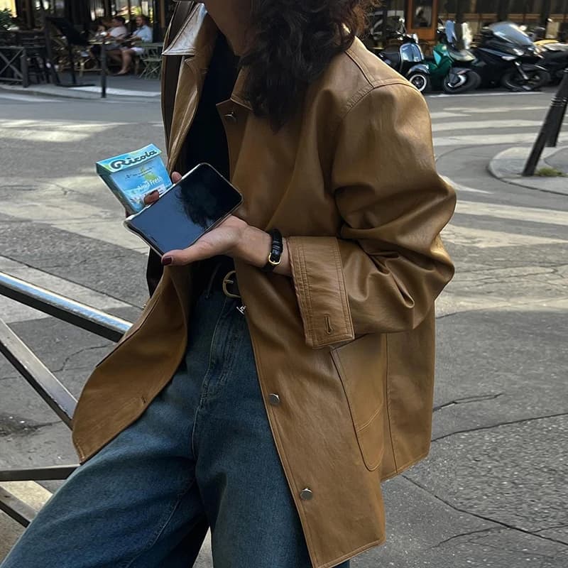 Retro British Style Long Sleeve Metal Button PU Leather Jacket Women's Chic Autumn Fashion Design with Pocket Ladies Coat