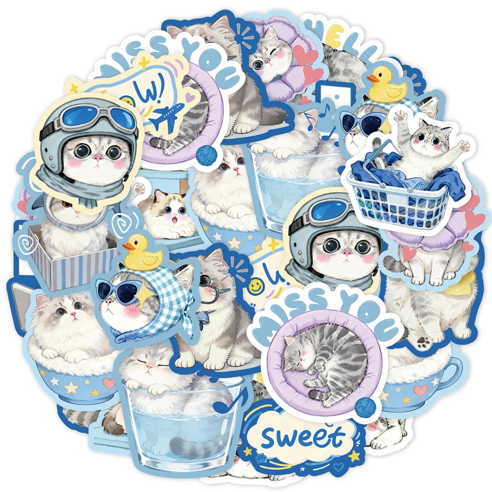 Etori Life 30 pezzi di adesivi decorativi a forma di gatto blu, simpatici e adorabili, per laptop, telefoni, valigie, astucci, decorazioni per l'ufficio, decorazioni per la stanza, forniture per scrapbooking, artigianato fai da te, sacchetti regalo, adesivi per feste, creazione di biglietti, sigillatura di prodotti da forno, adesivi per giocattoli, regali di compleanno
