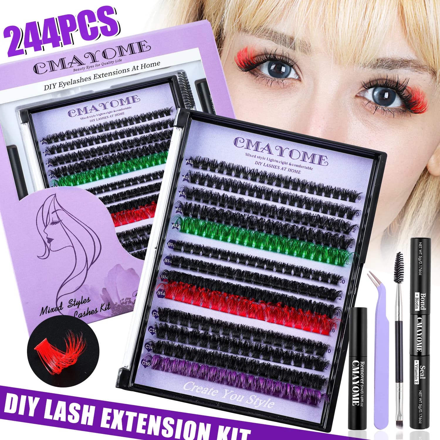 Set of do-it-your fake eyelash extensions, single 8-16mm thick fake eyelash cluster with glue tool set