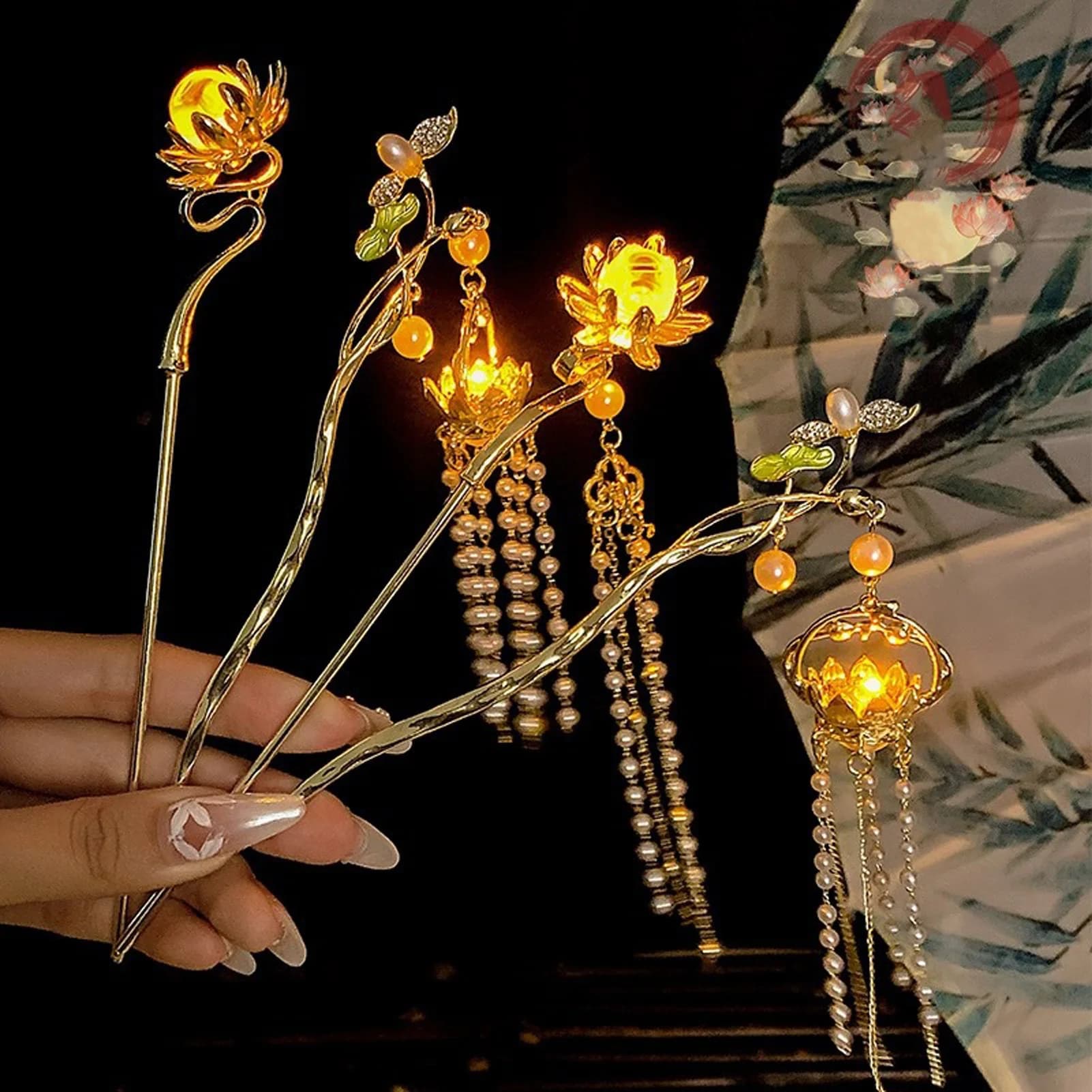 Flower Shape Luminous Hair Clip for Women, Creative Lotus Flower Emitting Light, Hair Stick with Hood, Vintage Chinese Style Hair Accessories in Metal