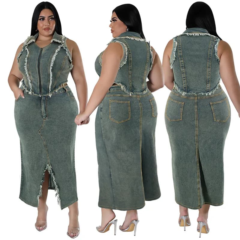 Completo in Denim a Due Pezzi per Donna Taglie Forti Nuova Moda Primaverile: Top Senza Maniche con Frange e Cerniera, Gonna in Denim con Spacco Laterale
