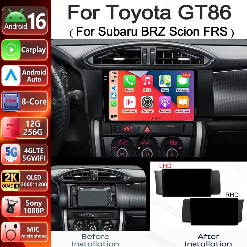 Android 15 For Subaru BRZ Scion FRS Toyota GT86 GT 86 2012 - 2021 LHD RHD Car Radio Mutimedia Carplay DSP 4G Wifi GPS DVD QLED