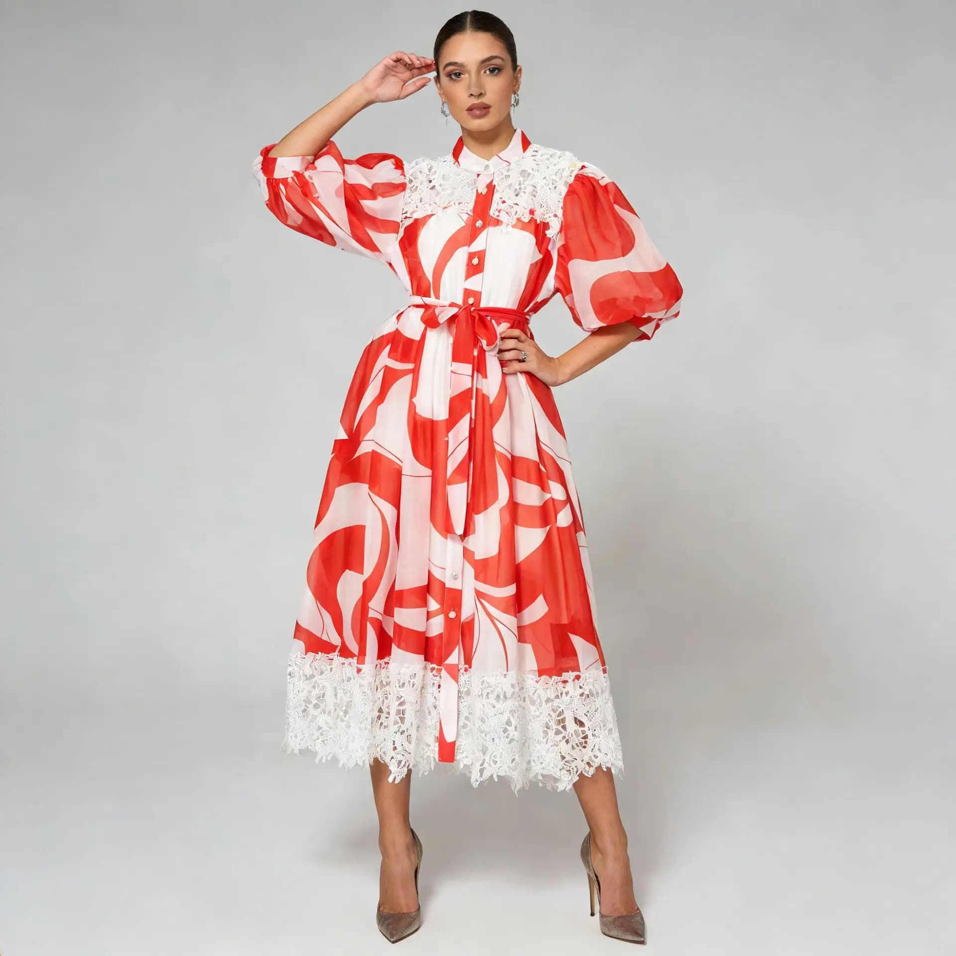 2026 Spring New O Neck Lantern Sleeve Printed Single Breasted Belt A-line Waist Lace-up Slim Long Dress Fashion Casual Wear
