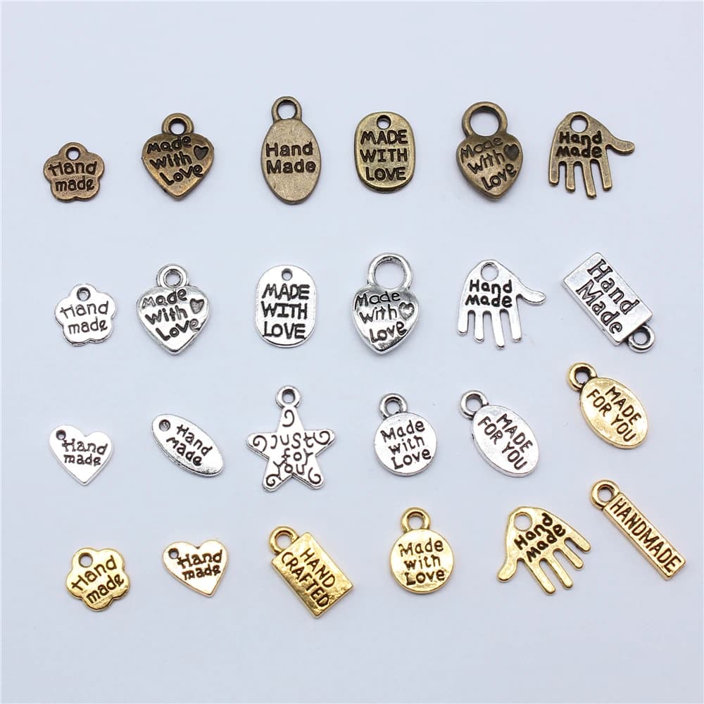 40pcs Metal Alloy 3 Colors Letter Florets Heart Hand Made Charms Made With Love Pendants For Jewelry Making DIY Handmade Craft
