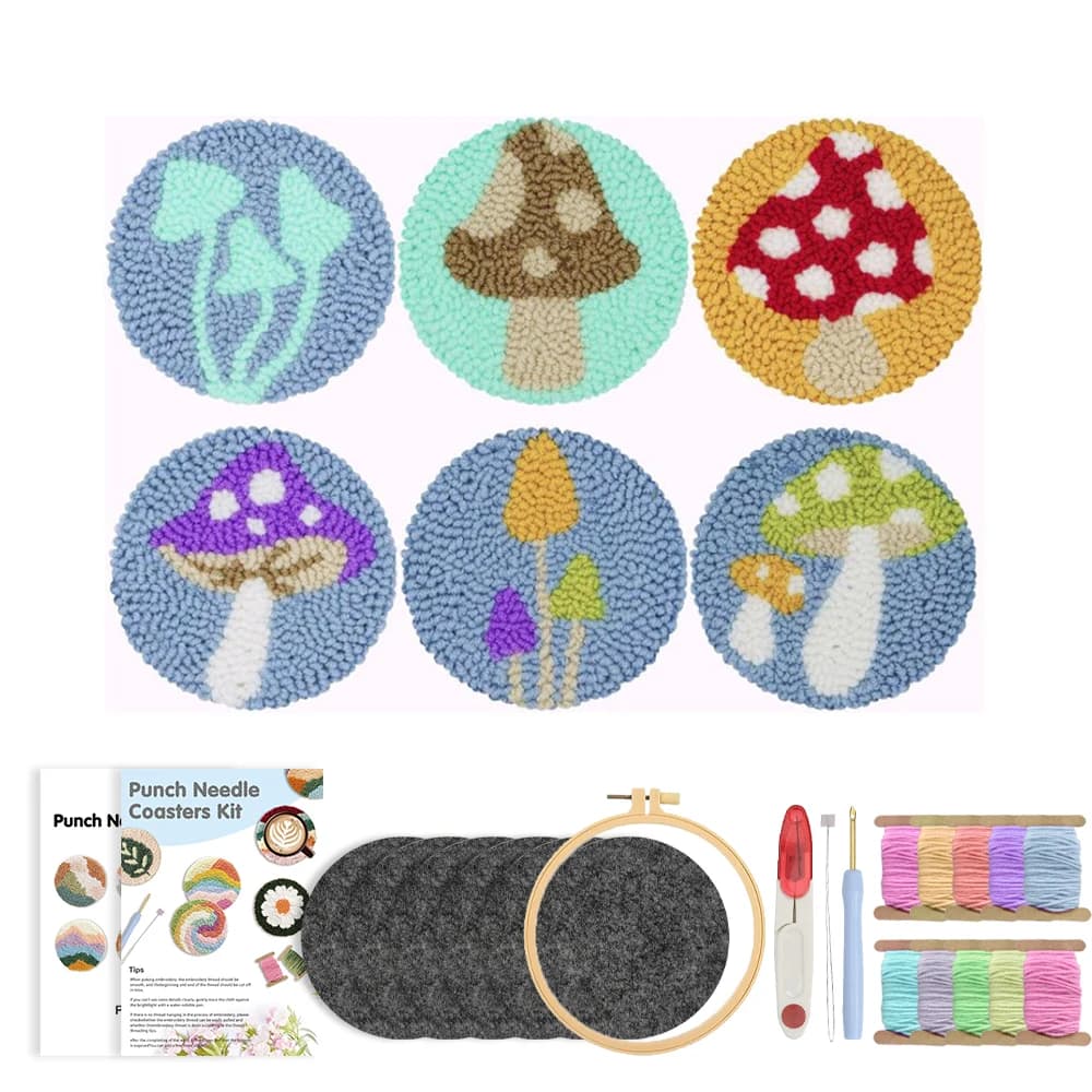 RUOPOTY 6pcs Punch Needle Coaster Colorful Mushrooms Diy Needle Punch Kit Home Wall Art Decor Embroidery Starter Kit Landscape