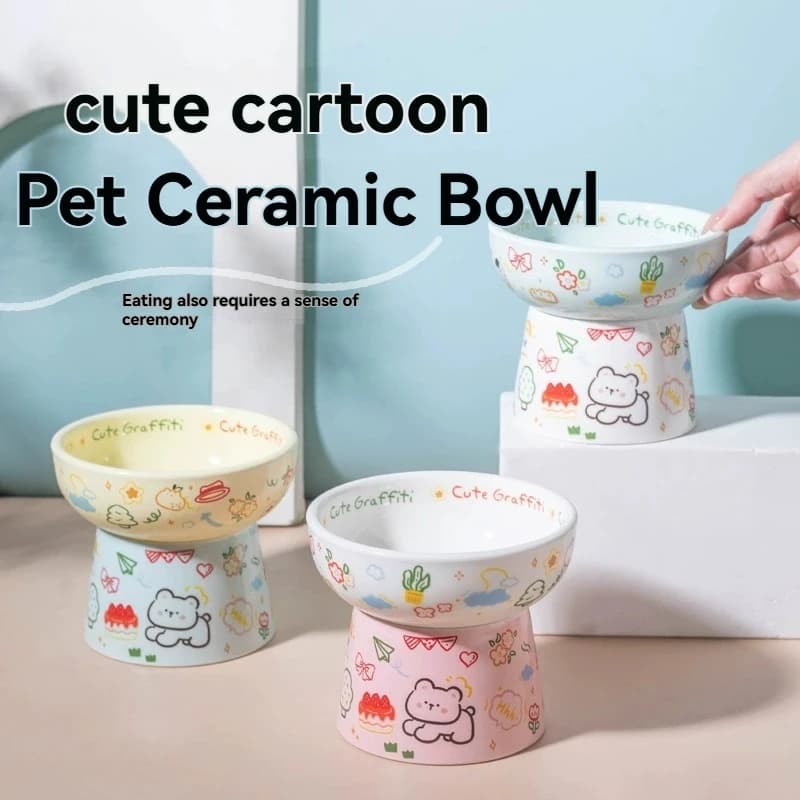 Ciotola Rialzata in Ceramica con Design Cartone Animato, Anti-vomito, per Cibo e Acqua, per Cani e Gatti