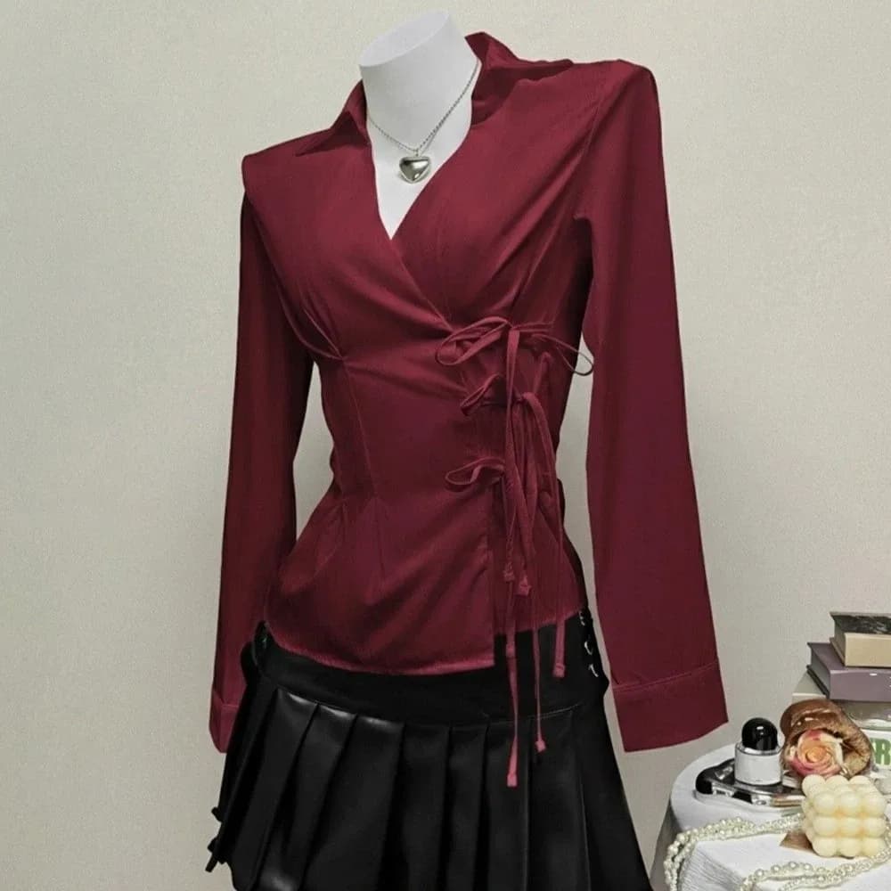 Camicia Slim Fit a Maniche Lunghe Stile Street, Scollo a V Y2K, Camicia con Laccetti in Vita, Blusa Estetica da Ufficio Harajuku per Donne