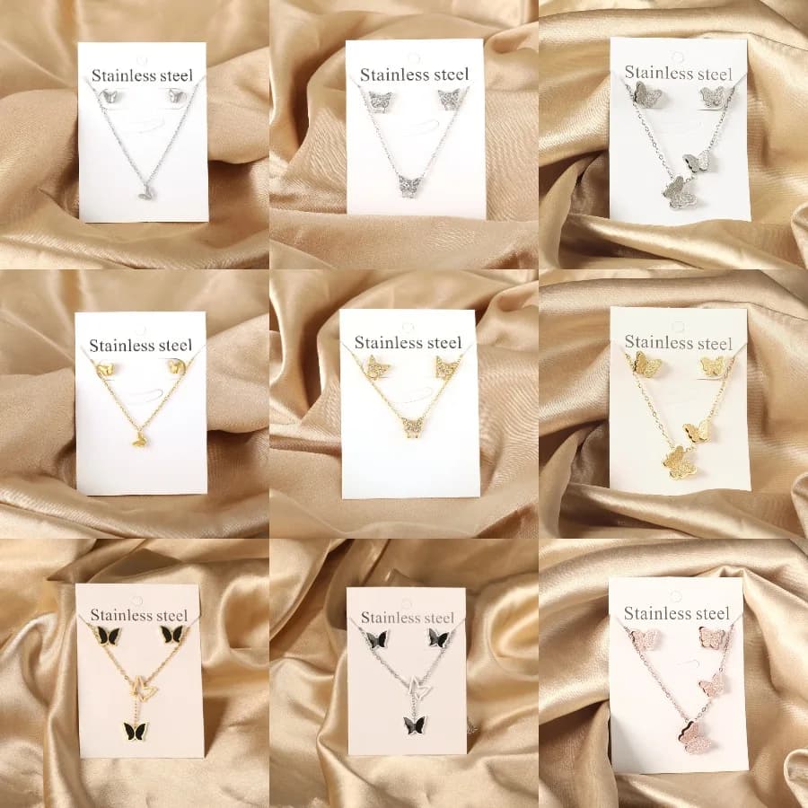 2Pcs Butterfly Set Necklaces Jewelry Sets For Women Stainless Steel Pendant Necklaces Earrings Sets Wedding Jewelry Accessory